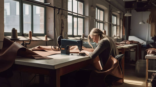 Woman at Arsante factory sitting at a table working on a sewing machine