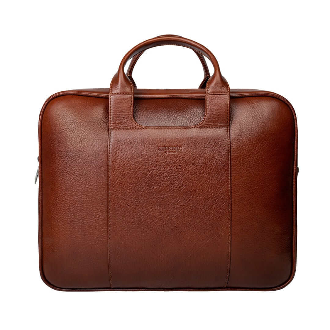 Front view of the Arsante Whisky Brown Briefcase, showcasing its sophisticated curved profile and ergonomic handles designed for style-conscious professionals.