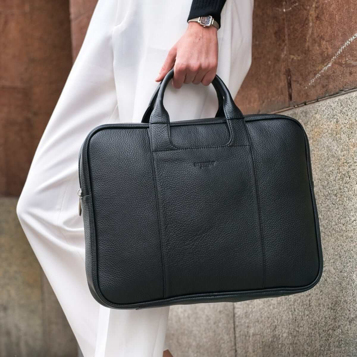 Arsante Classic Leather Briefcase in Rich Black - a luxurious, handcrafted briefcase made from Italian full-grain leather, perfect for professional settings.